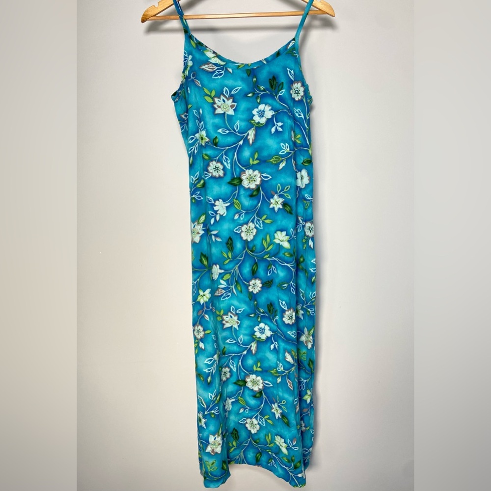 Vintage Blue Floral Maxi Shift Dress Tropical Coastal Cottage Vacay Size S